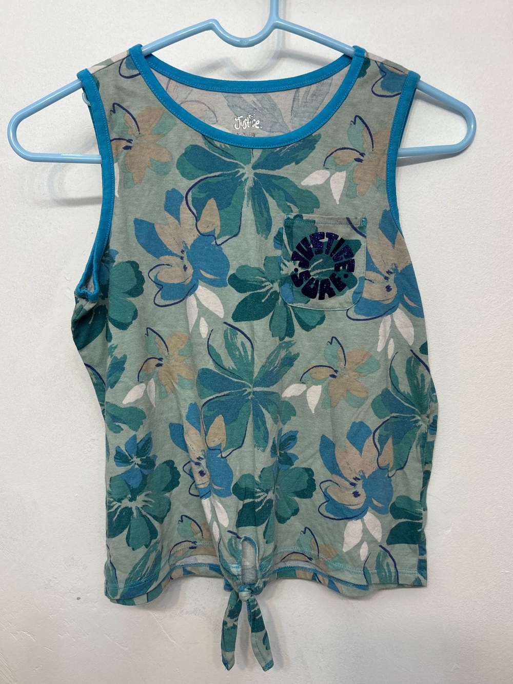 Justice Green & Blue Floral “Justice Surf” Front Tie Tank Top Girls Large 12/14
